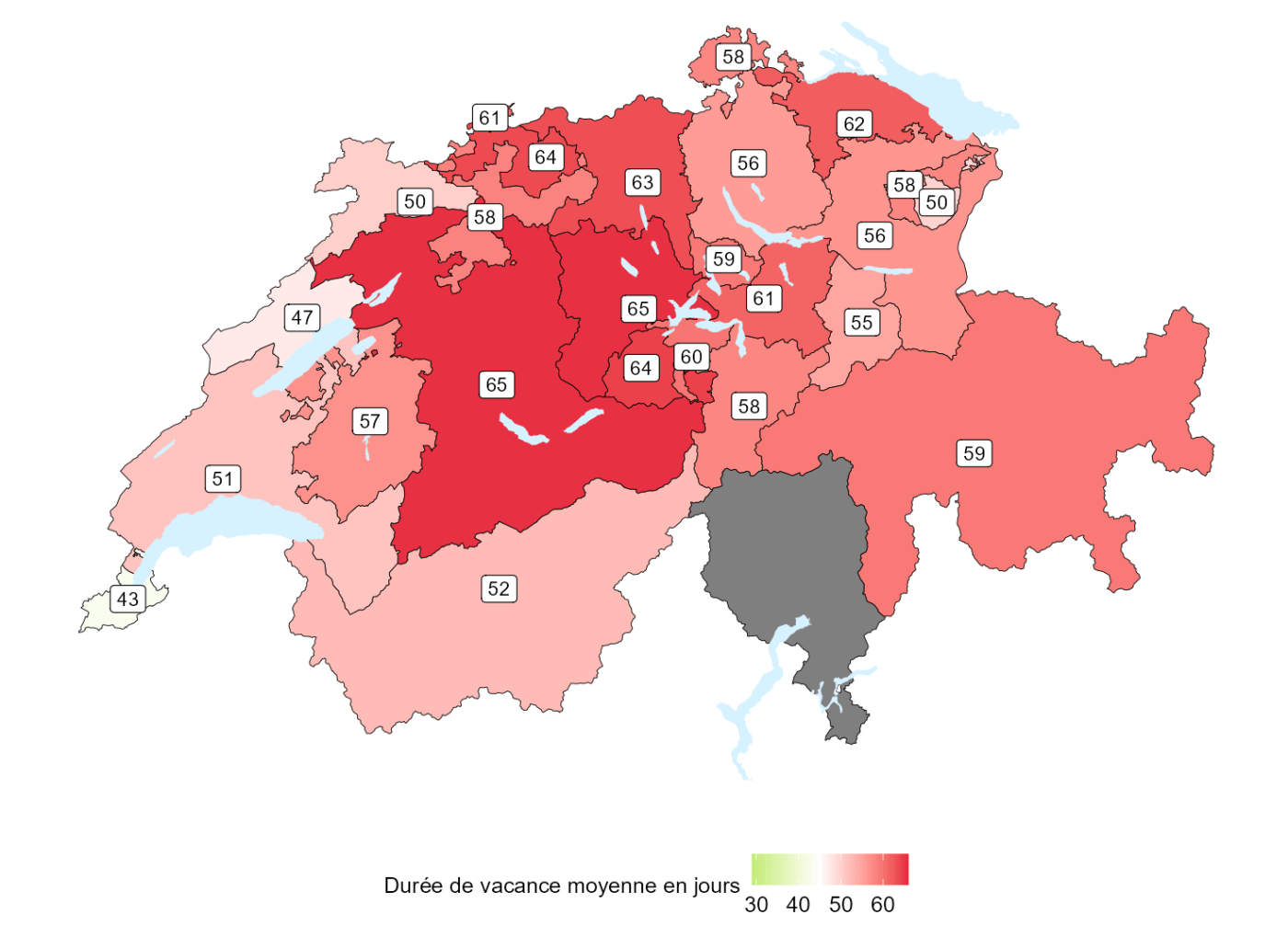 Figure 4 : Durée de vacance moyenne par canton, métiers du bâtiment.  Source : BSS Volkswirtschaftliche Beratung AG