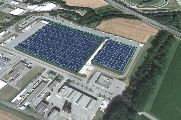 Visualisation du toit du bâtiment de Aldi Suisse à Domdidier avec une installation photovoltaïque