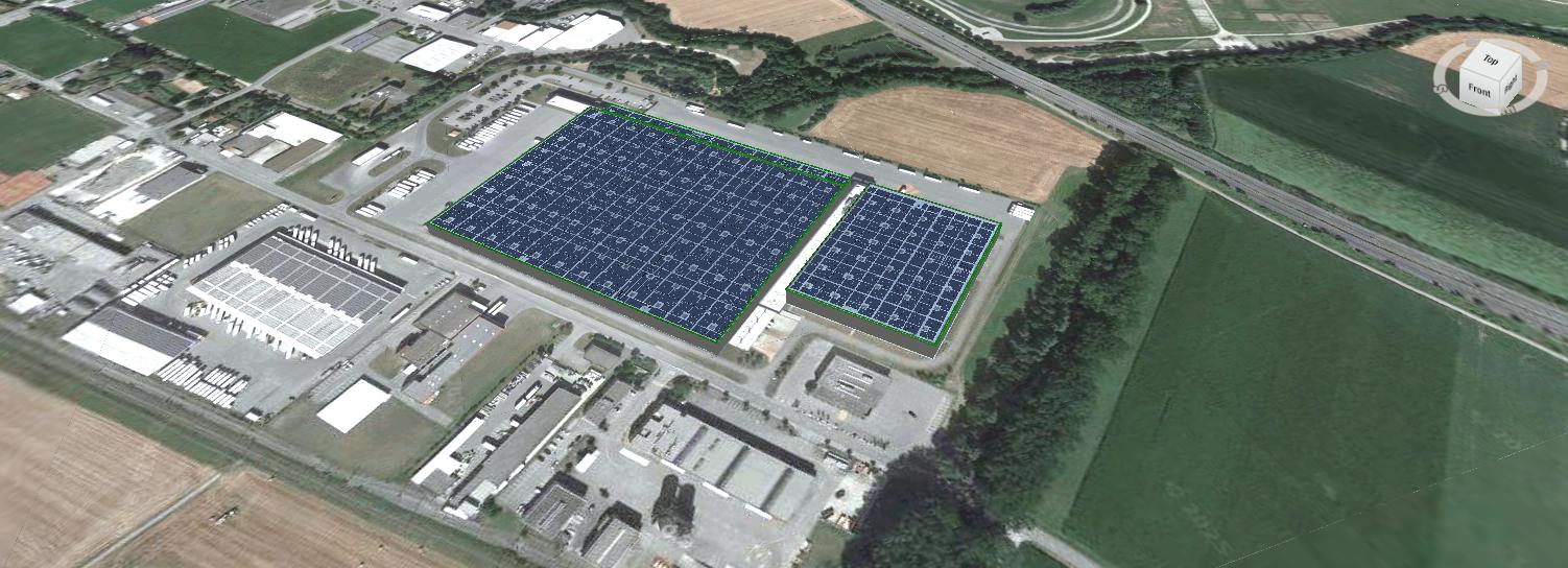 Visualisation du toit du bâtiment de Aldi Suisse à Domdidier avec une installation photovoltaïque Visualisation du toit du bâtiment de Aldi Suisse à Domdidier avec une installation photovoltaïque
